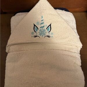Cream Unicorn Hooded Towel with Teal Embroidery